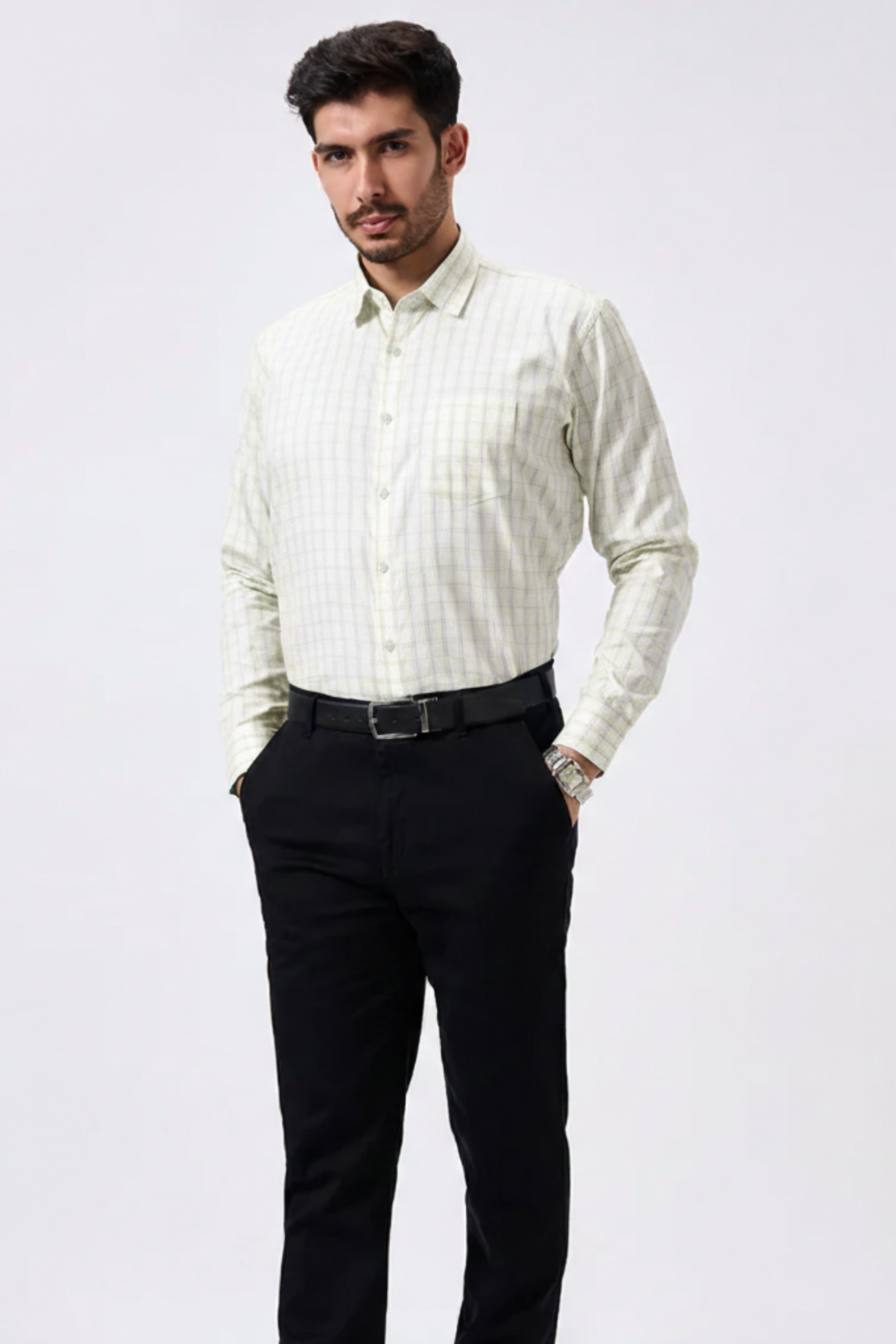 Flax Linen Cotton Green & Grey Lining Men Shirt