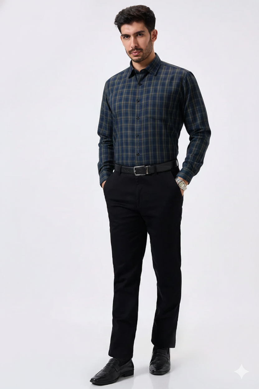 Flex Cotton Blue Color Classic Grid Check Men Shirt