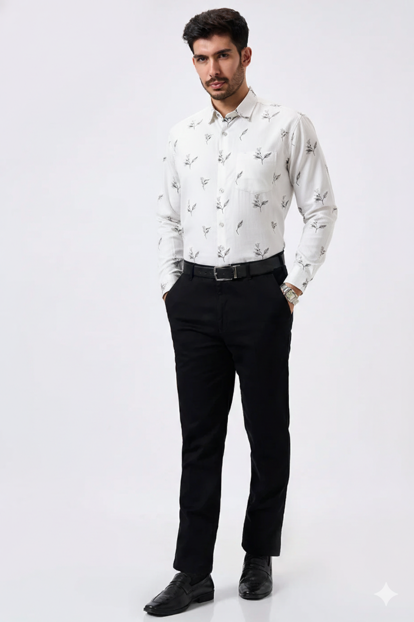 Flax Linen Cotton Minimal Floral Print Men Shirt