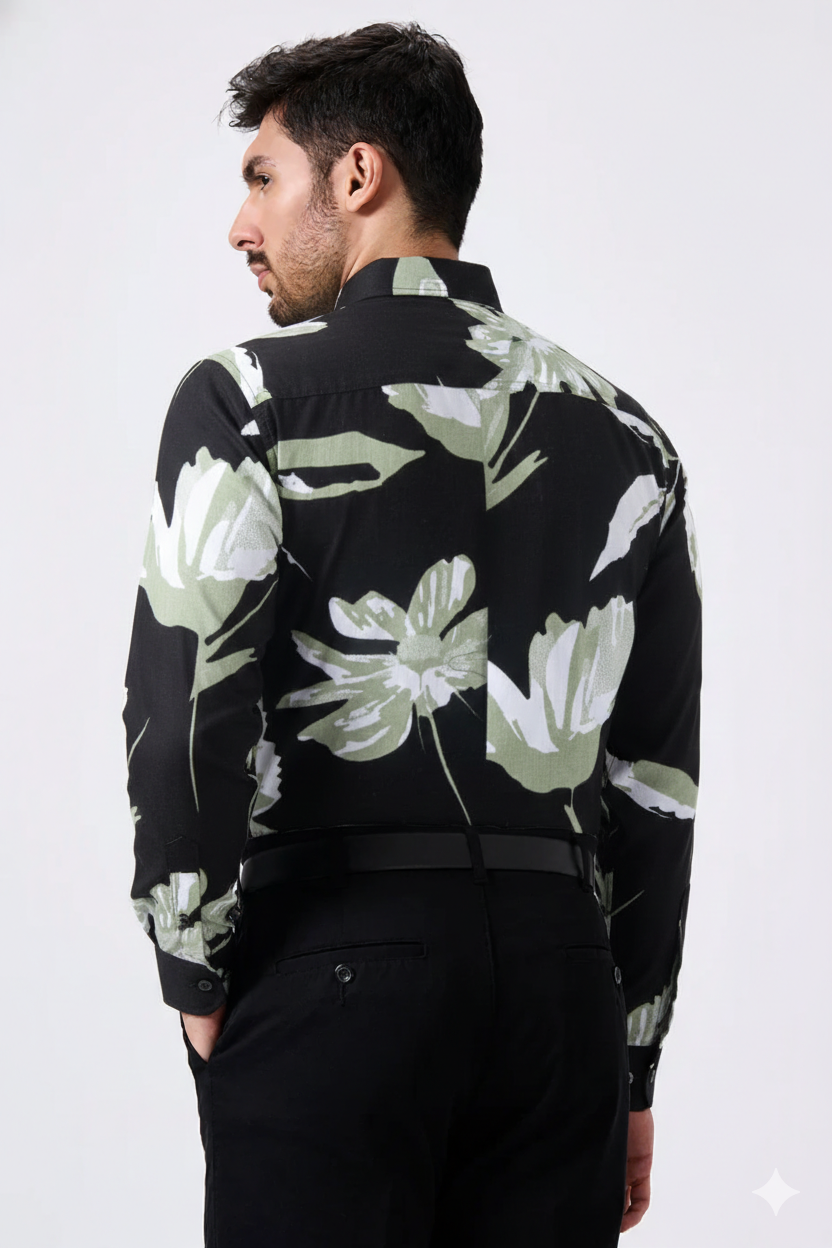 Pure Cotton Black Color flower Print Men Shirt