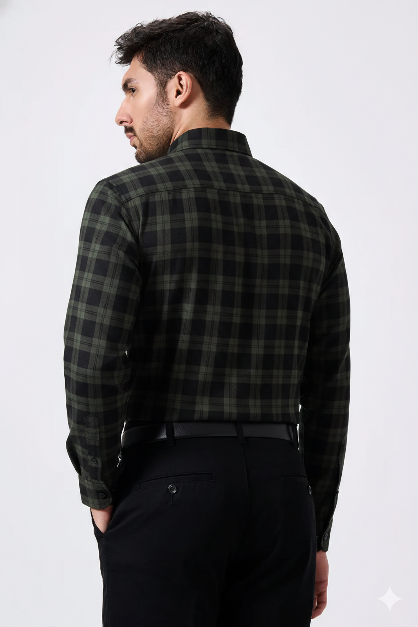 Olive Green Checked Cotton Men Shirt