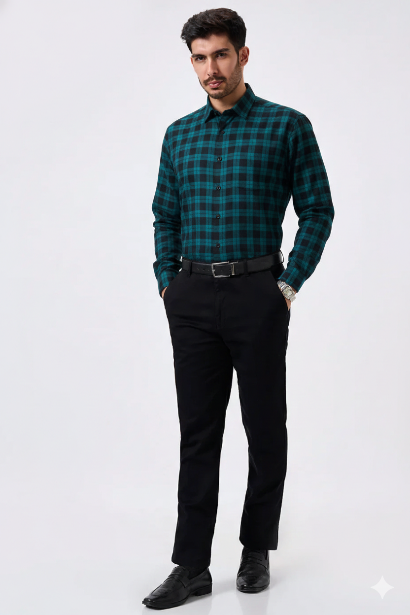 Black and Blue Checked Cotton Men Shirt