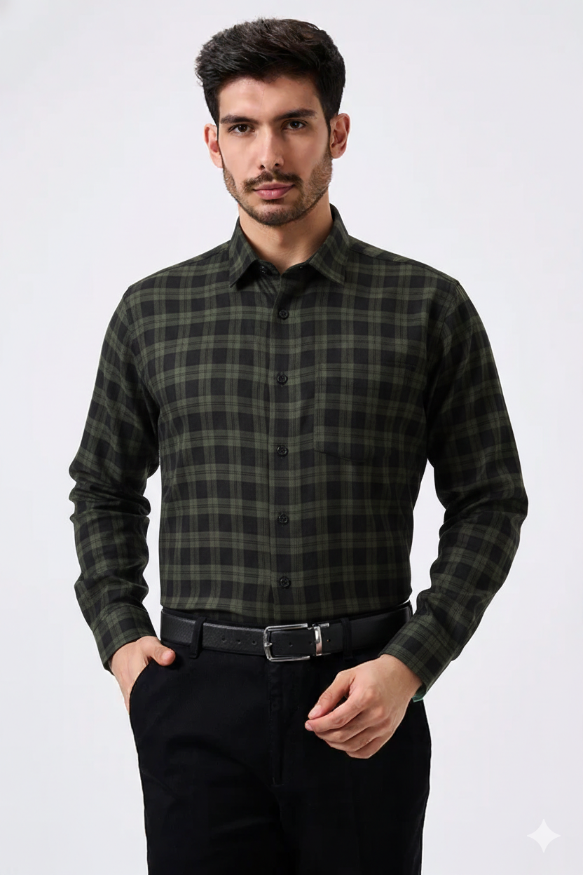 Olive Green Checked Cotton Men Shirt