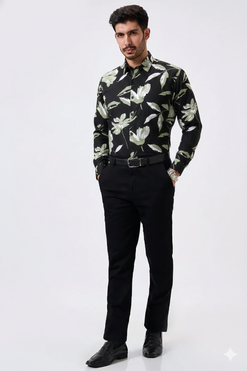 Pure Cotton Black Color flower Print Men Shirt