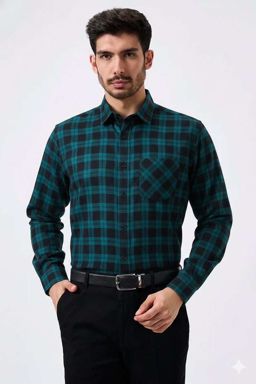 Black and Blue Checked Cotton Men Shirt