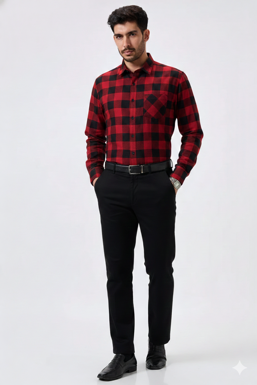 Cotton Red & Black Checkered Men Shirts