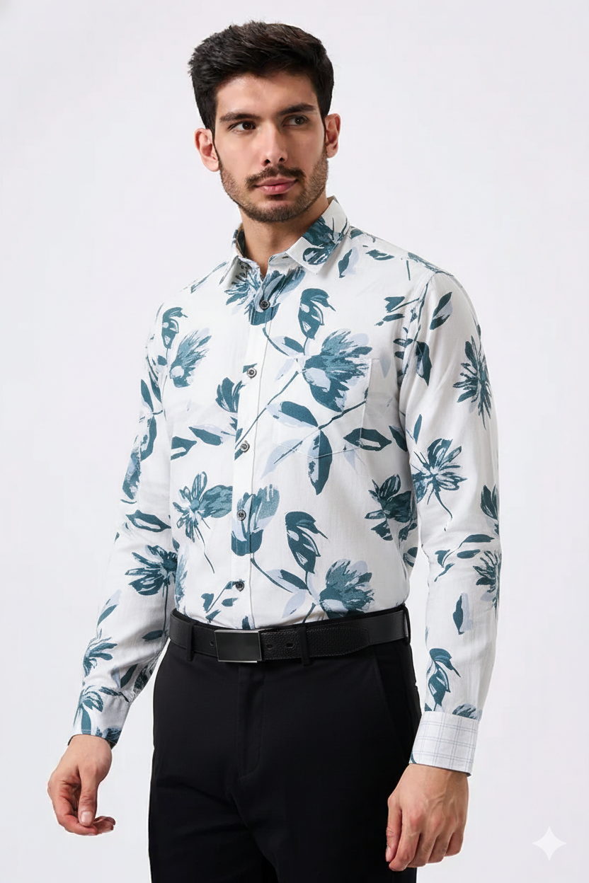 Pure Cotton White Color flower Print Men Shirt
