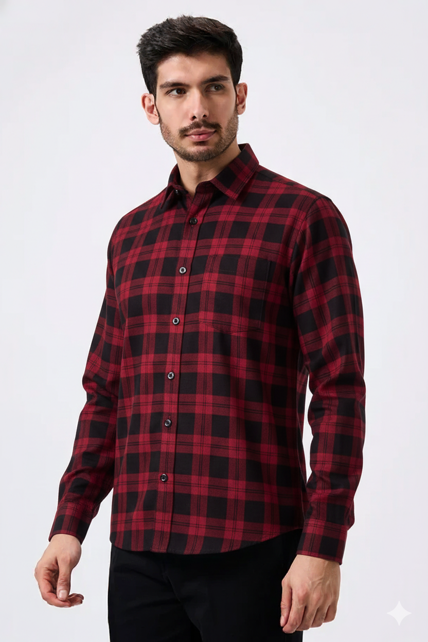 Cotton Red & Black Checkered Men Shirts