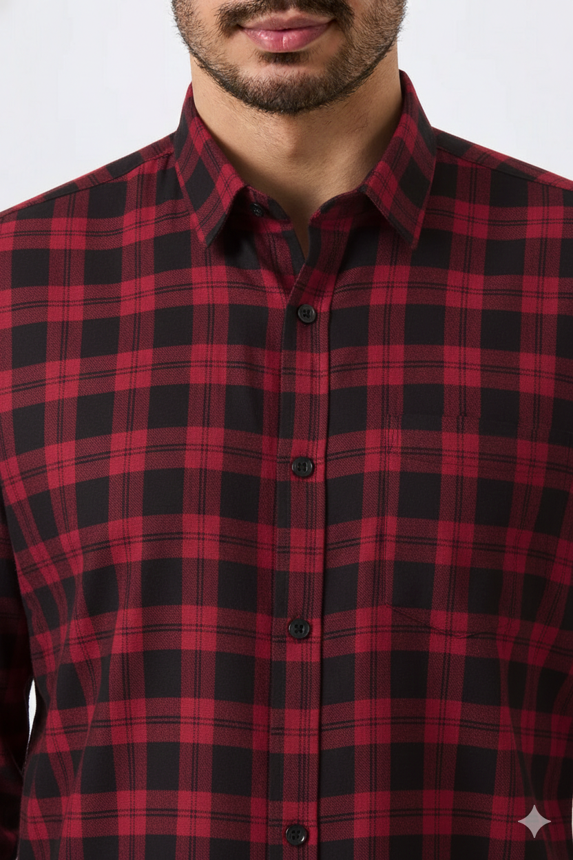 Cotton Red & Black Checkered Men Shirts