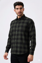 Olive Green Checked Cotton Men Shirt
