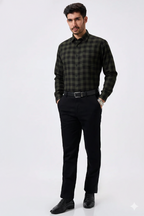Olive Green Checked Cotton Men Shirt